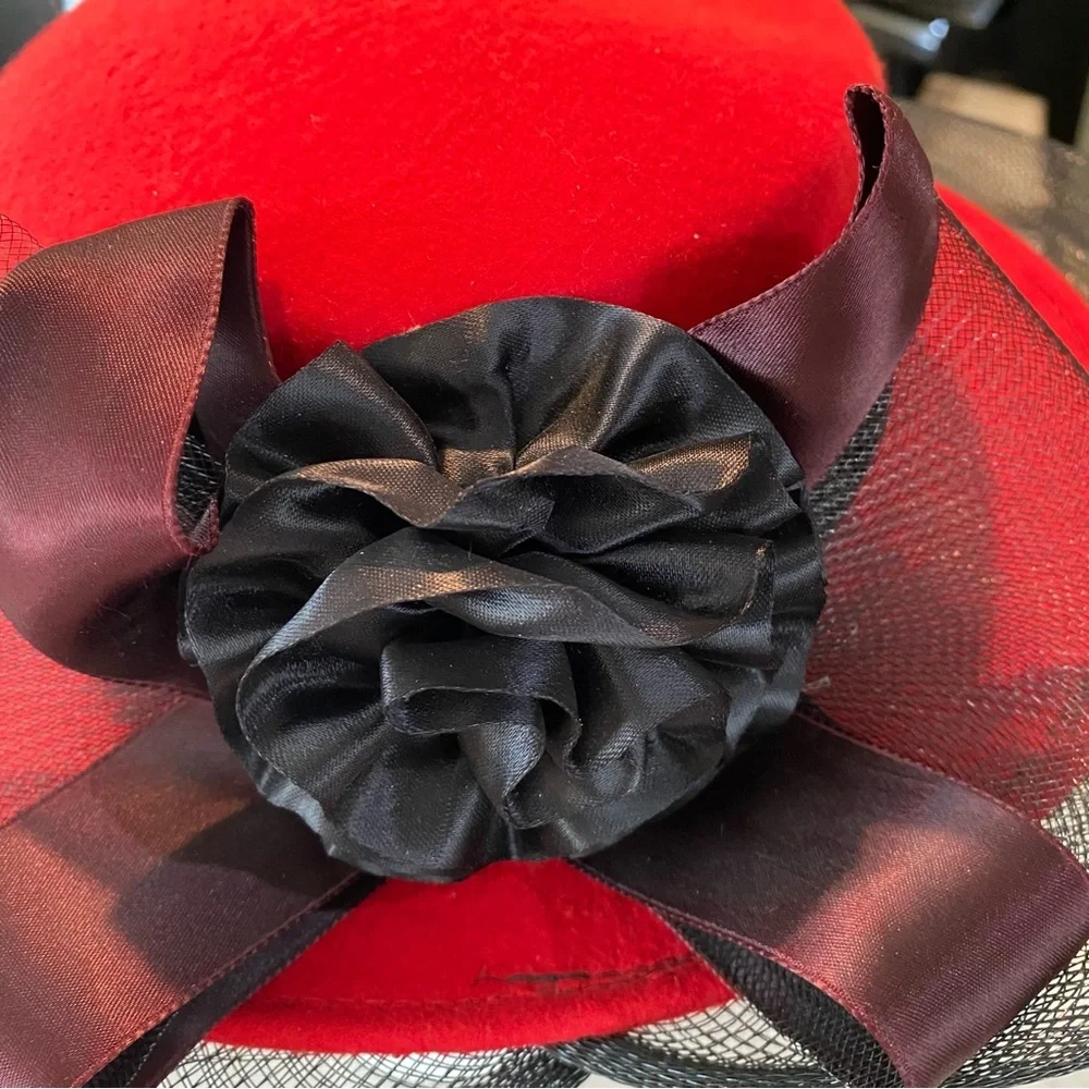 Milan by Charm Floral Mesh Hat Woolen Retro Dress Hat Red Black Mesh Hat